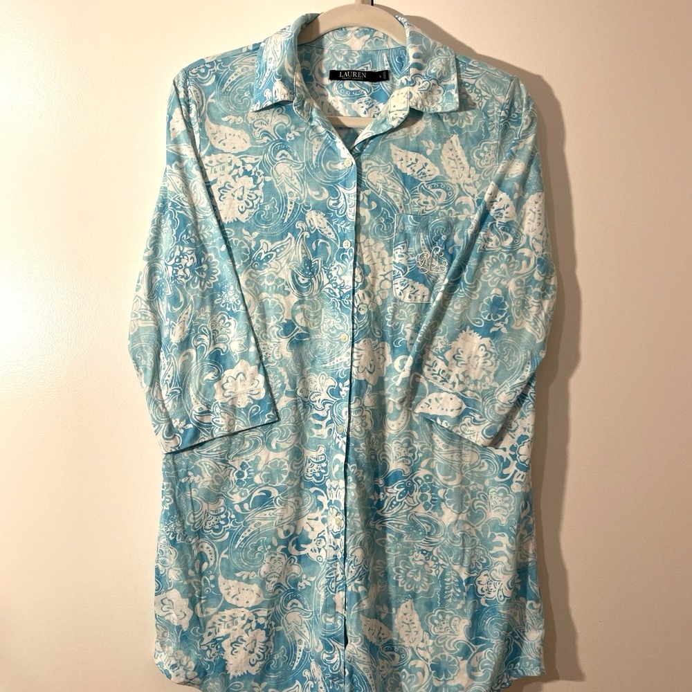 Ralph Lauren Cozy Blue Paisley‎ 100% Cotton Long Sleeve Nightgown Sleep Shirt L